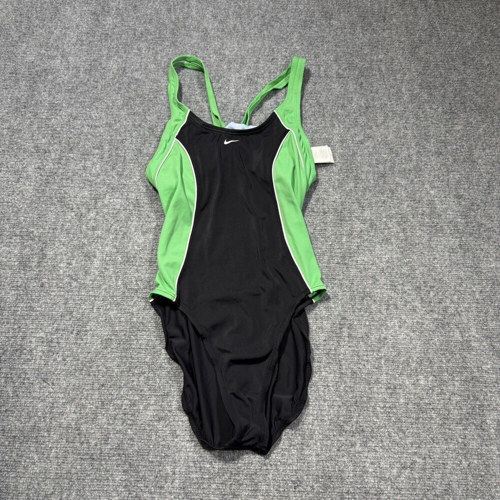 Nike One Piece Swimsuit Womens 12 Green Black Racerback Athletic Logo Swim Beach